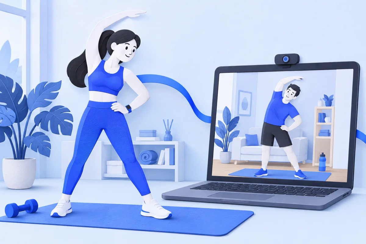 A coach demonstrates a stretch from her home studio while a client follows on a live video call, illustrated in layered blue paper.