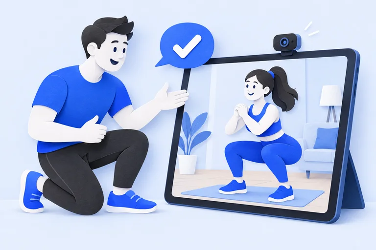 A trainer gives encouraging feedback to a client practising a squat on a video screen.