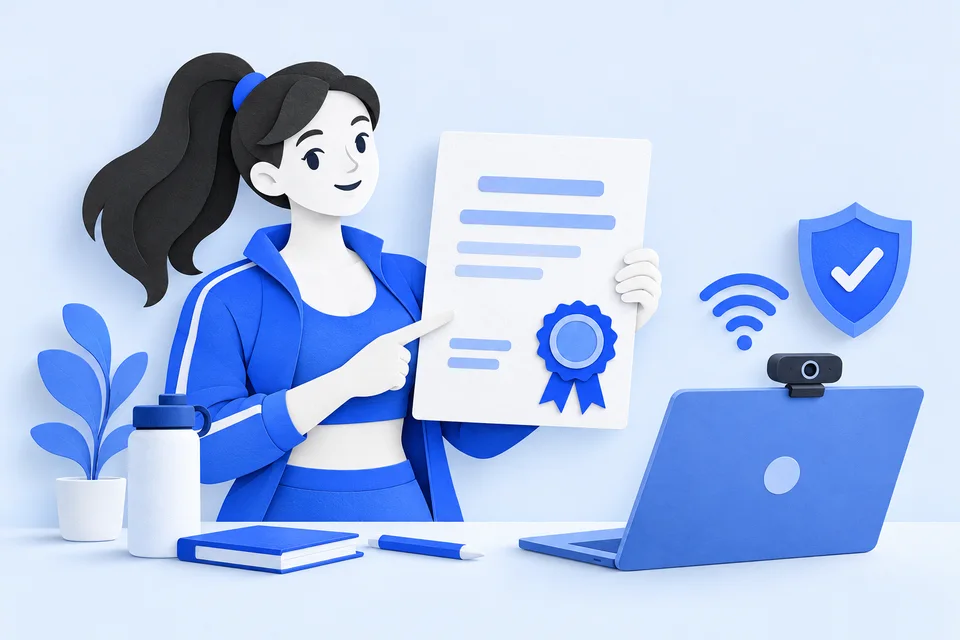 A trainer presents her certification beside a laptop, webcam, Wi-Fi symbol and safety shield.