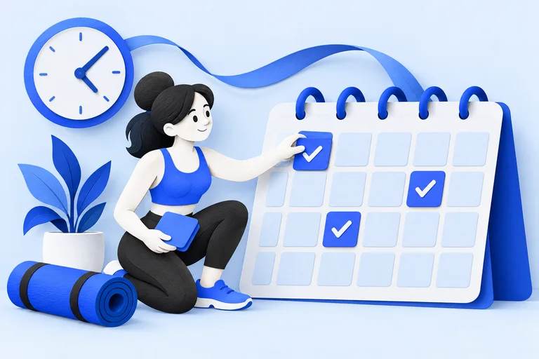 A coach chooses her available sessions on a calendar beside a clock and exercise mat.