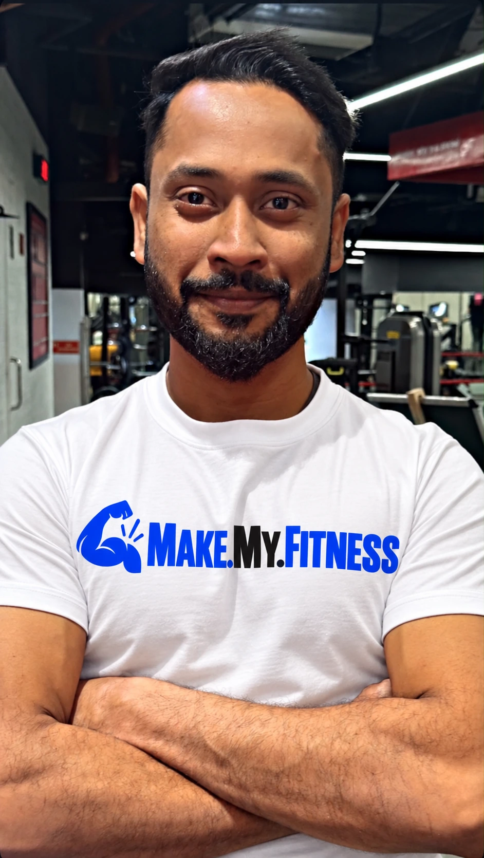 Kumar Abhishek smiling with arms crossed in a white MakeMyFitness T-shirt